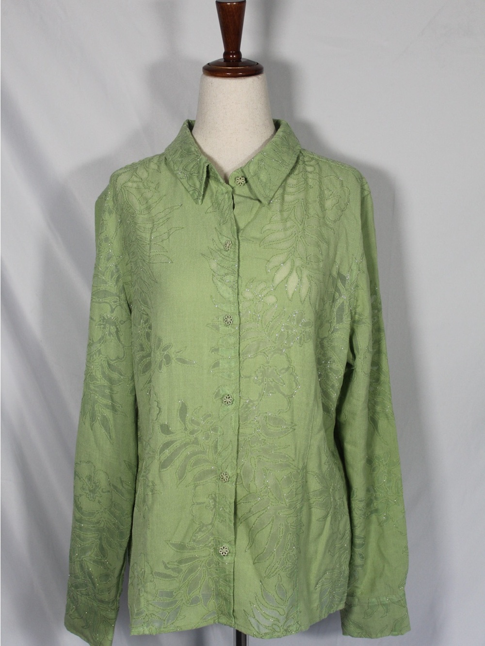 y2k 2000s Sag Harbor Light Green Button-Front Floral Collared Shirt